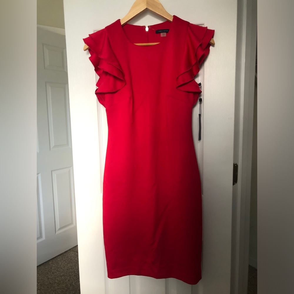 Tommy Hilfiger Scarlet Red Midi Dress Scuba Flutter Sleeve Sheath Dress